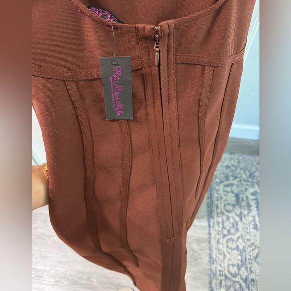 Hot Miami Styles Bandage Mini Dress Women's Brown Fitted Stretch Small Sexy - Picture 6 of 7